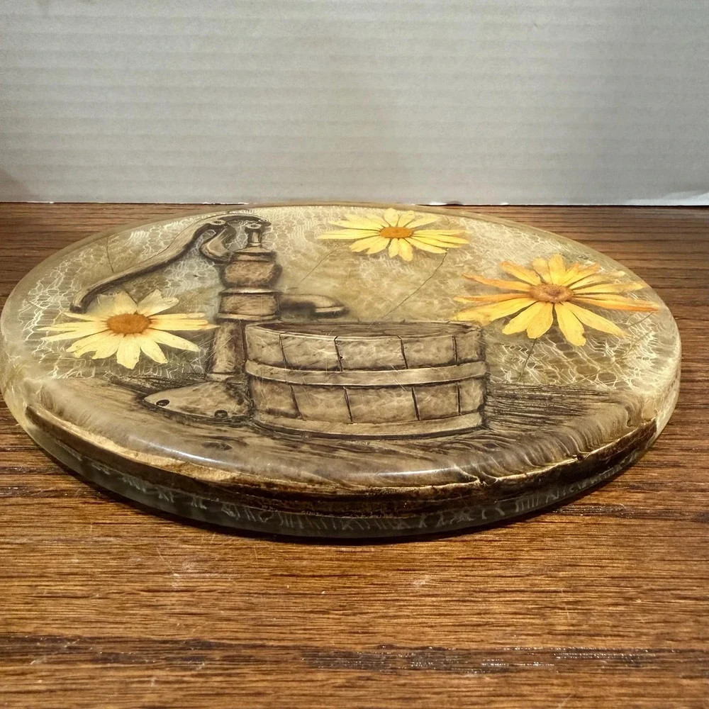 Vintage Lucite Resin‎ Trivet Hand Painted Water Pump Daisies Cottagecore 8